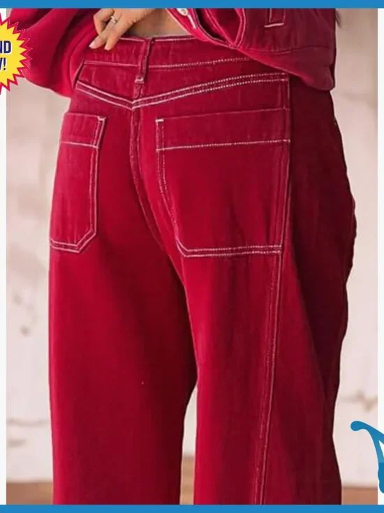 Straight Leg Low Rise Barrel Pants Stretchy Cropped Casual Vintage Chino - Picture 4 of 6